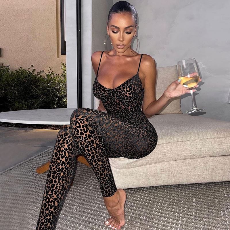 Summer 2022 Low Cut V Neck Strap Leopard Jumpsuit For Women Secy Cheetah One Piece Jumpsuit-Leopard Women