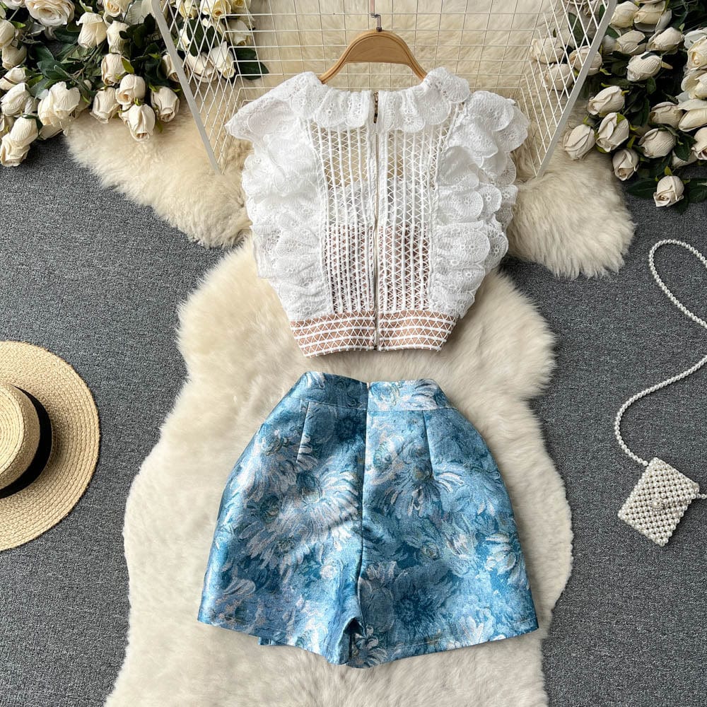 Summer Design Sensual Spice Girl Suit Female Hollowed Out Short Lace Top + Printed Bag Buttock Short Skirt Two-Piece Set