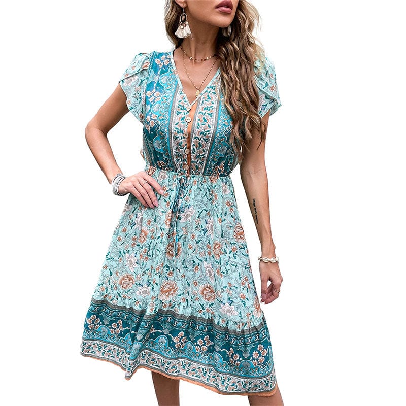 Summer Dresses Women Casual Boho Floral Print Loose Dresses Midi Beach Bohemian Dresses 2022