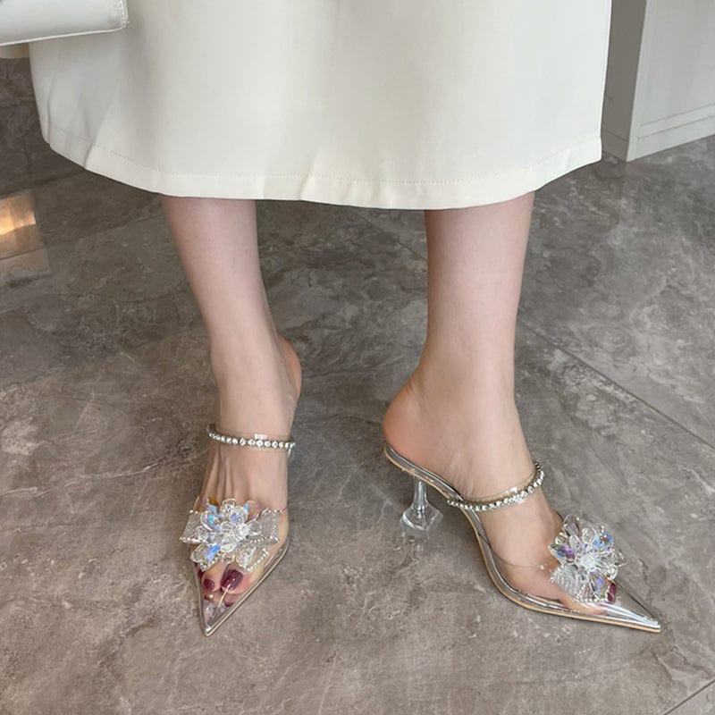 Summer Fashion Crystal Buckle 2023 NEW PVC Pumps Sexy Pointed Toe High Heels Transparent Sandals Wedding Prom Women Shoes