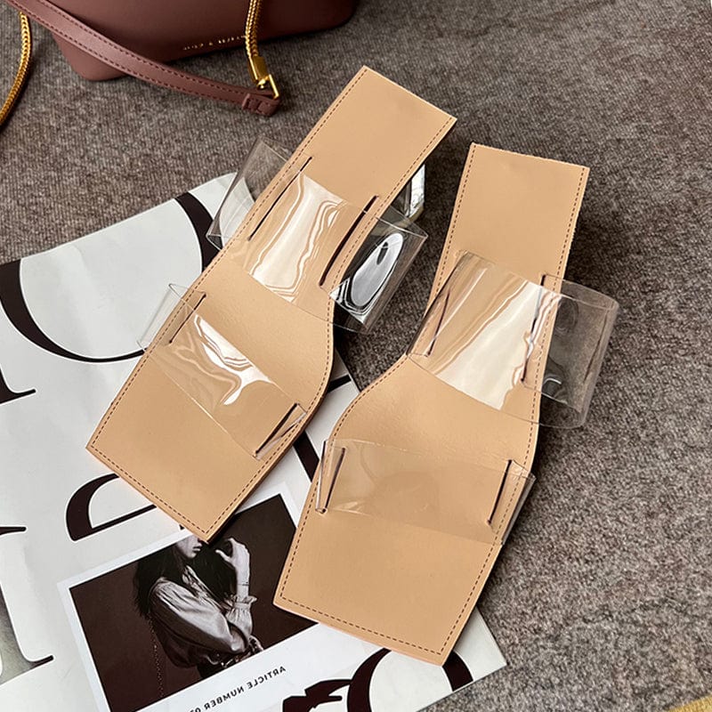 Summer Sexy Fashion 2022 Square Head Medium Heel Transparent PVC Jelly Shoes Mules Open Toe Simple Outdoor Slippers Shoes