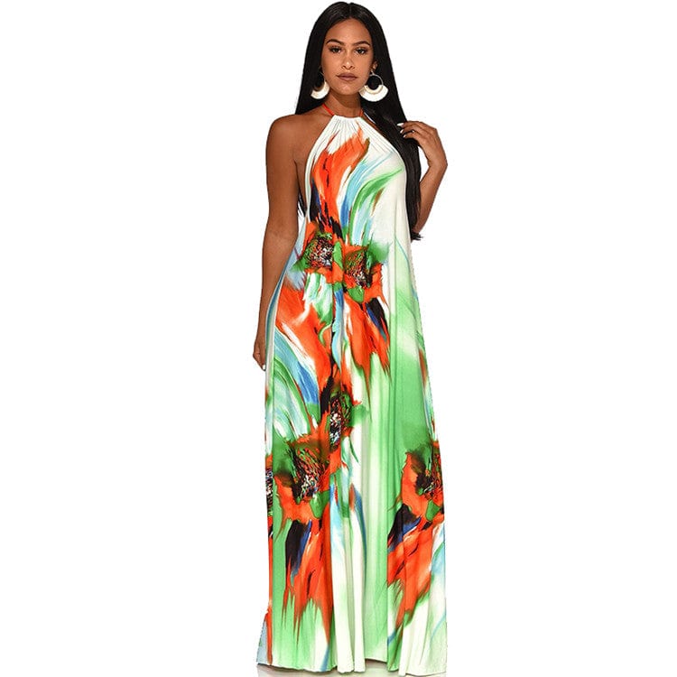 Summer Sleeveless Floral Halter backless Women Long Maxi Dress