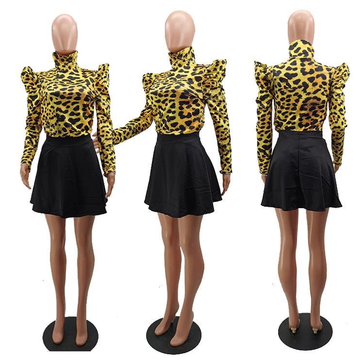 Sweet Leopard Puff Sleeve Shirt with Black Skirt Two Piece Set Women Clothing