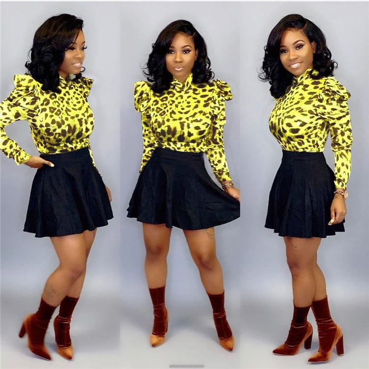 Sweet Leopard Puff Sleeve Shirt with Black Skirt Two Piece Set Women Clothing