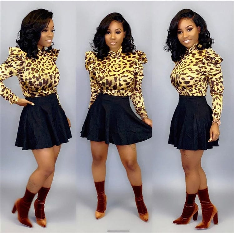 Sweet Leopard Puff Sleeve Shirt with Black Skirt Two Piece Set Women Clothing