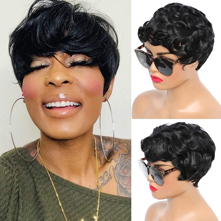 Synthetic 12' Short Cut None Lace Wig With Regular Wave Black Pixie Wig For Black Women Synthetic Hair