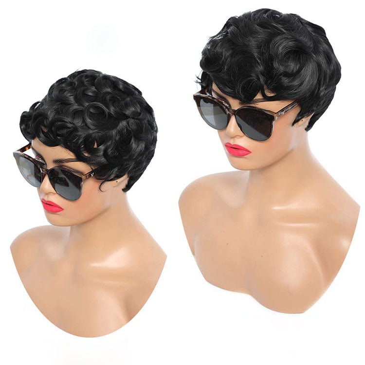 Synthetic 12' Short Cut None Lace Wig With Regular Wave Black Pixie Wig For Black Women Synthetic Hair