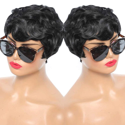 Synthetic 12' Short Cut None Lace Wig With Regular Wave Black Pixie Wig For Black Women Synthetic Hair