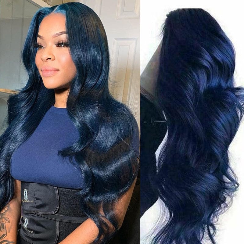 Transparent Night Blue Body Wave Pre-Plucked Human Hair Wigs Deep Wave 180% Remy Hair Lace Frontal Wig With Baby Hair For Women