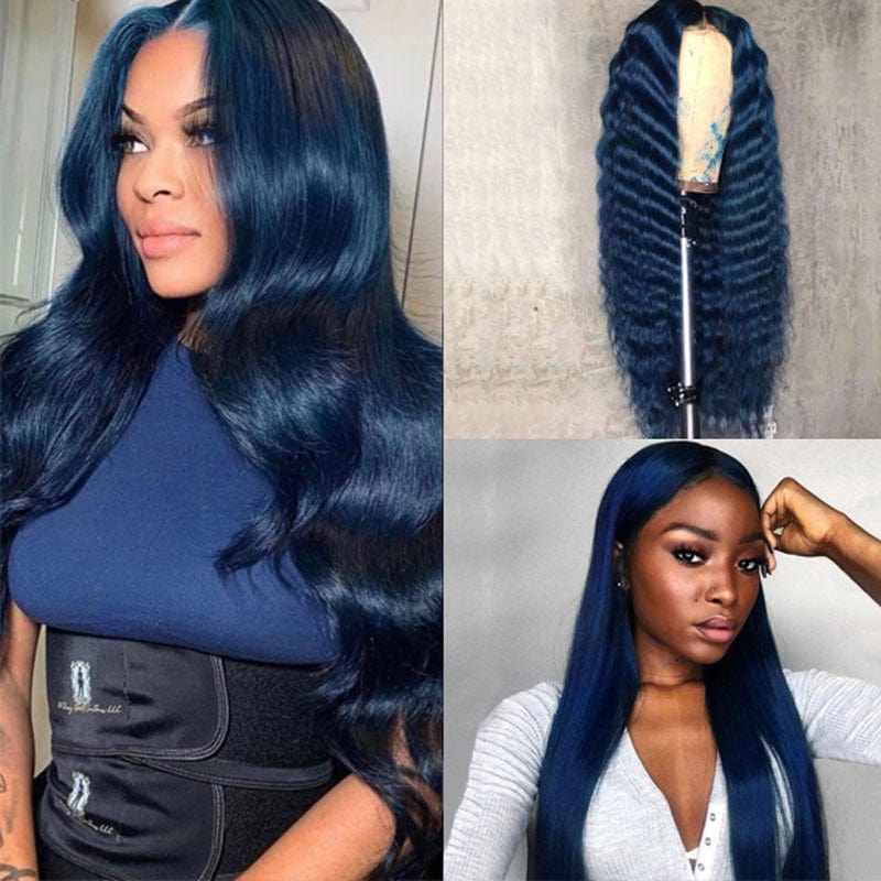 Transparent Night Blue Body Wave Pre-Plucked Human Hair Wigs Deep Wave 180% Remy Hair Lace Frontal Wig With Baby Hair For Women