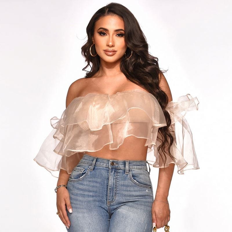 Trending Products 2022 New Arrivals Elegant Latest Chiffon Tops Sexy Short Sleeve Tube Mesh Top Summer Clothes