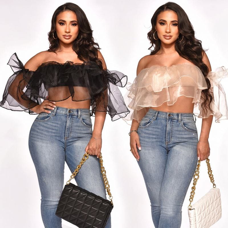 Trending Products 2022 New Arrivals Elegant Latest Chiffon Tops Sexy Short Sleeve Tube Mesh Top Summer Clothes