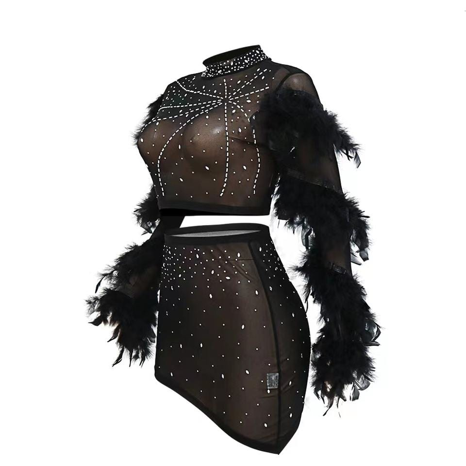 trendy rhinestone feather sleeve crop top and skirt 2 piece set sexy mesh mini skirts club outfits women summer clothing