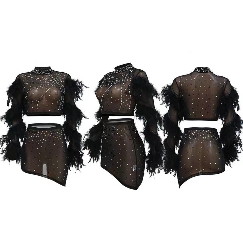 trendy rhinestone feather sleeve crop top and skirt 2 piece set sexy mesh mini skirts club outfits women summer clothing