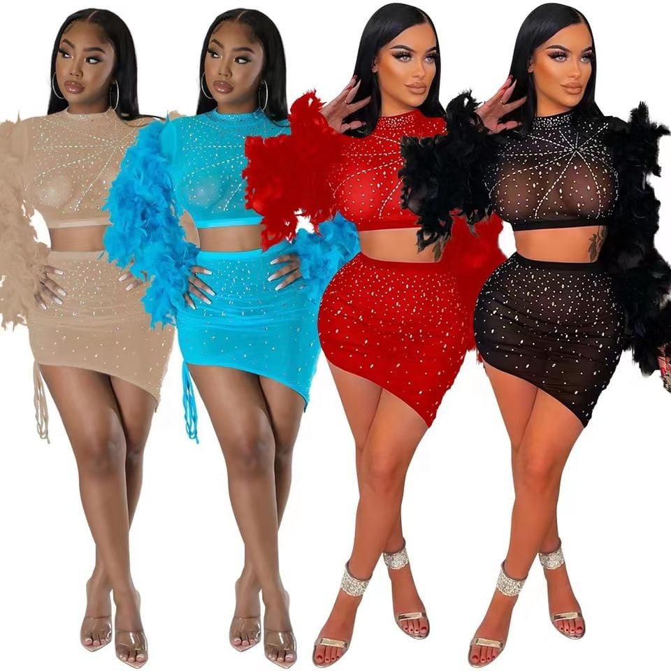 trendy rhinestone feather sleeve crop top and skirt 2 piece set sexy mesh mini skirts club outfits women summer clothing