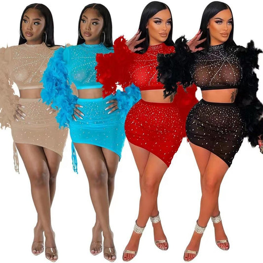 trendy rhinestone feather sleeve crop top and skirt 2 piece set sexy mesh mini skirts club outfits women summer clothing