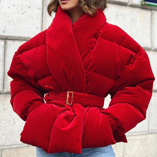 Trendy Women Gold Velvet Winter Thick Warm Red Short Coat Cotton Padded Jacket Coats