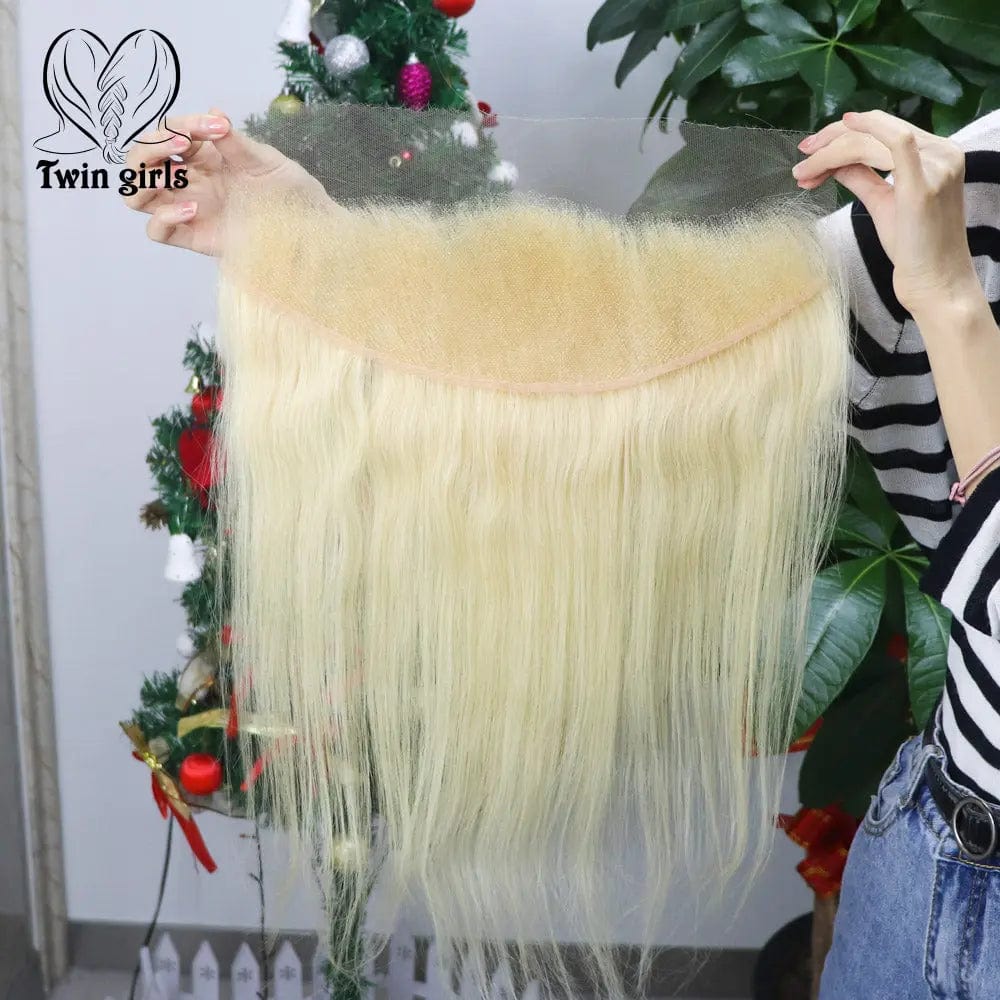 Twin Girls Wholesale 14, 16, 18, 20 inch #613 Blonde Straight 13X4 HD Lace Frontal Virgin Human Hair Shedding No tangling