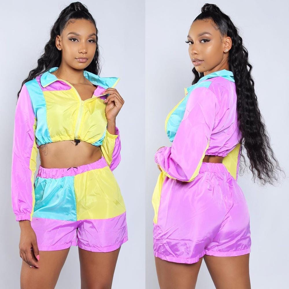 Two piece set women clothing	patchwork Crop Top sport women Pant Tracksuit