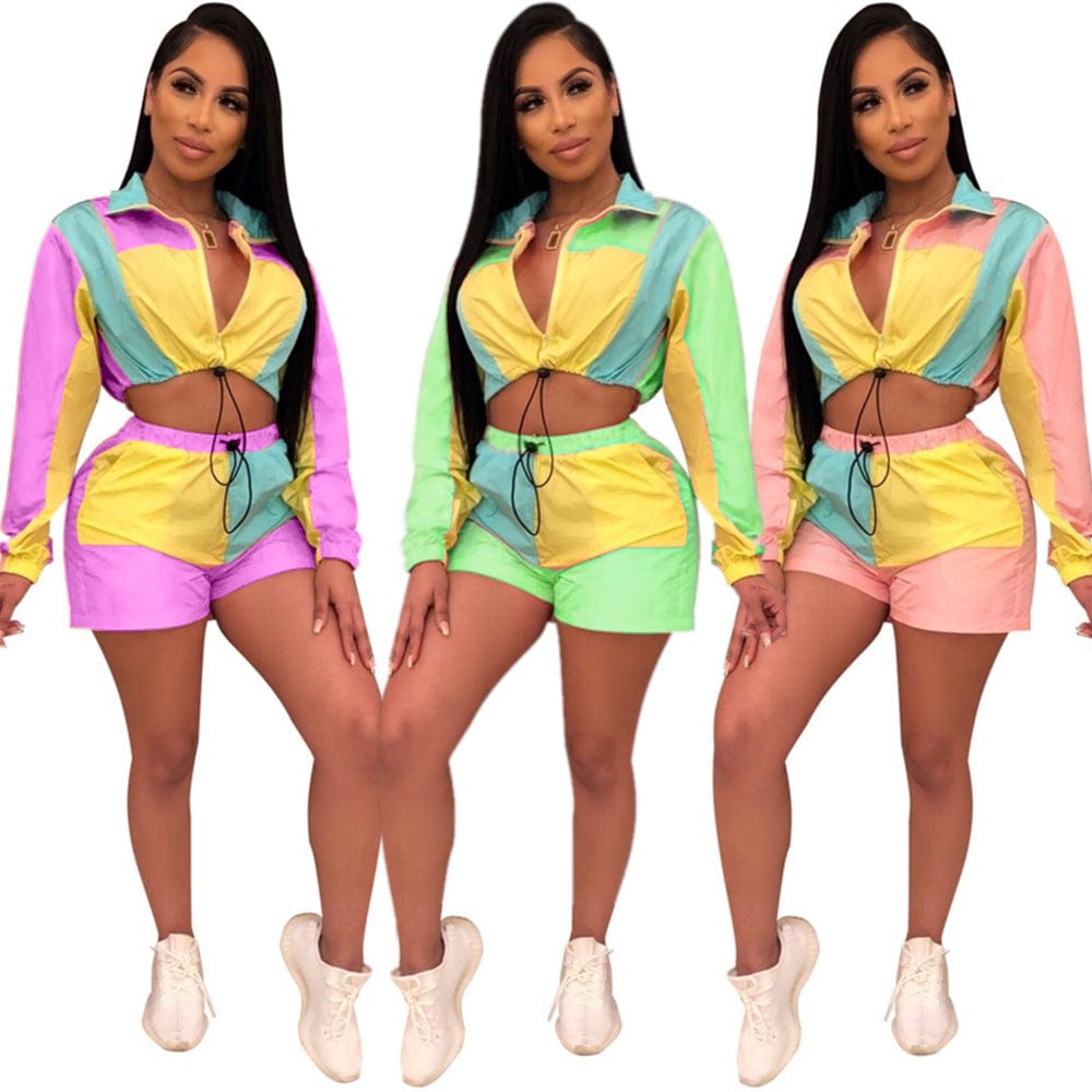 Two piece set women clothing	patchwork Crop Top sport women Pant Tracksuit