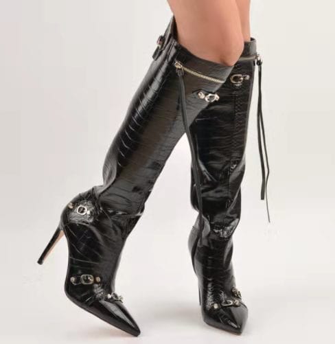 TX 2022 new designer high heel stiletto metal side zipper tassel tube women thigh high boots