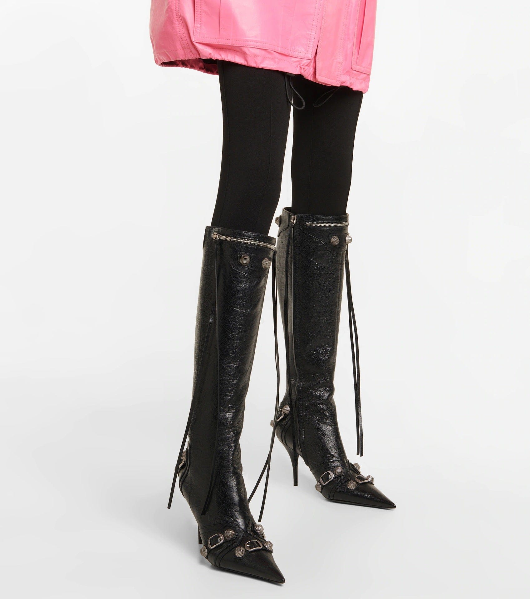 TX hardware crafted glossy sleek point-toe shape poised slim stiletto heels glamour embellished textured-leather knee boots