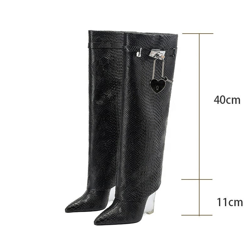 TX   High quality jelly sole heeled long pant boots women knee shark lock croc-effect fashion winter boots