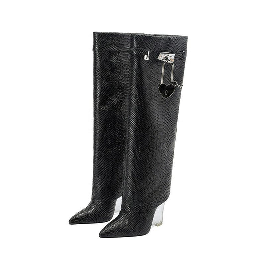 TX   High quality jelly sole heeled long pant boots women knee shark lock croc-effect fashion winter boots