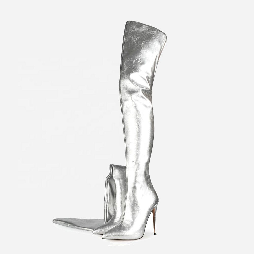 TX   Latest New Stiletto High-Heel Over Knee Boots Back Zipper Silver Designer Fashion Women's Thigh High Boots