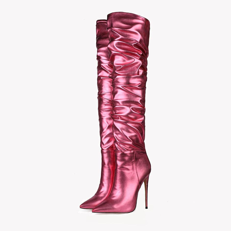 TX new design side zipper folding pointed toe  red ladies stiletto shoes over the knee long boots thigh high  for women