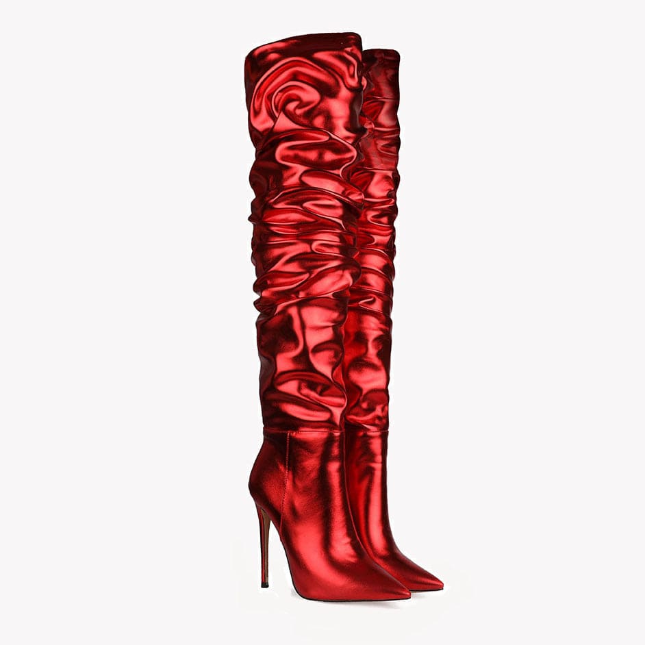 TX new design side zipper folding pointed toe  red ladies stiletto shoes over the knee long boots thigh high  for women