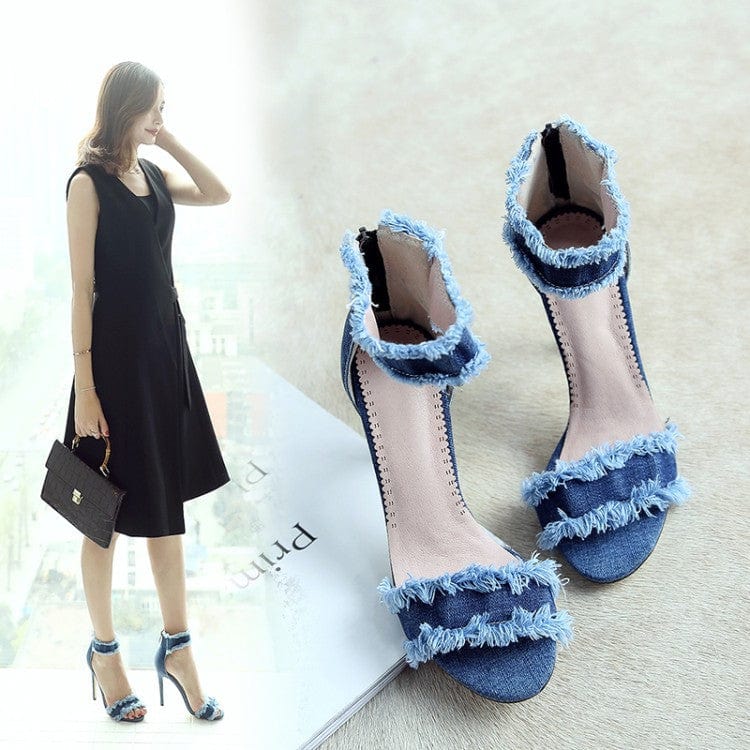 TX Summer new style women's sandals stiletto heel hollow open toe European and American denim blue women's shoes