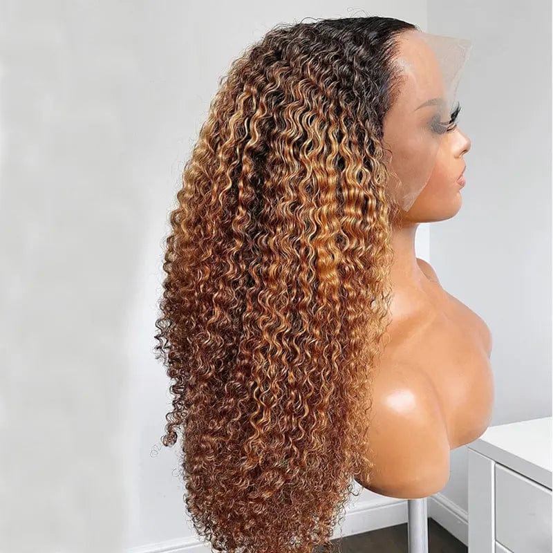 Unprocessed Cambodian Human Virgin Hair Kinky Curly Ombre Brown Cuticle Aligned Transparent Lace Front Wig