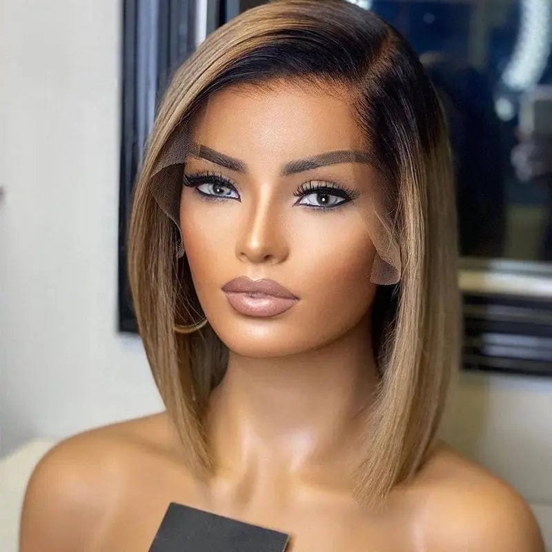 Uprocessed Swiss Lace Front Wig Blonde Straight Black Root Bob Brazilian Cuticle Aligned Hair Lace Frontal Wig