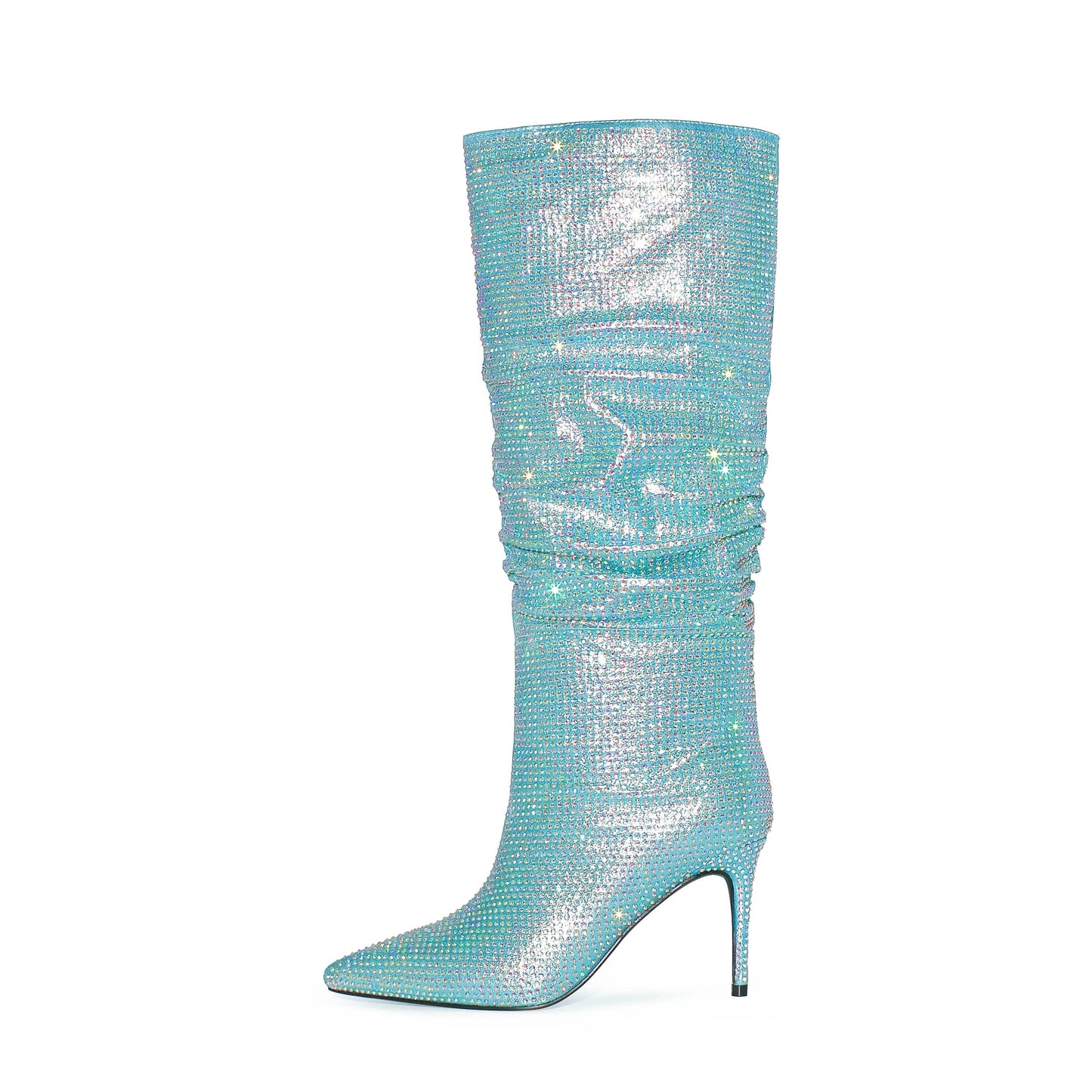 US4-4.5/Eur34 / sky blue New Winter Custom Designer Sexy Thin Heel Knee Boots Women Pointed  Drilling Women's Knee High Leather Boots