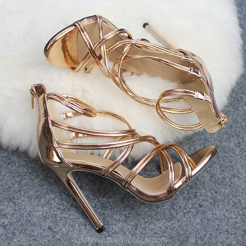 US7=EUR38 / Gold DEleventh shoes 101299 Women Sandals stiletto High Heel Ladies Shoes Ankle Strap Zipper heeled Sandals Fashion heels women gold