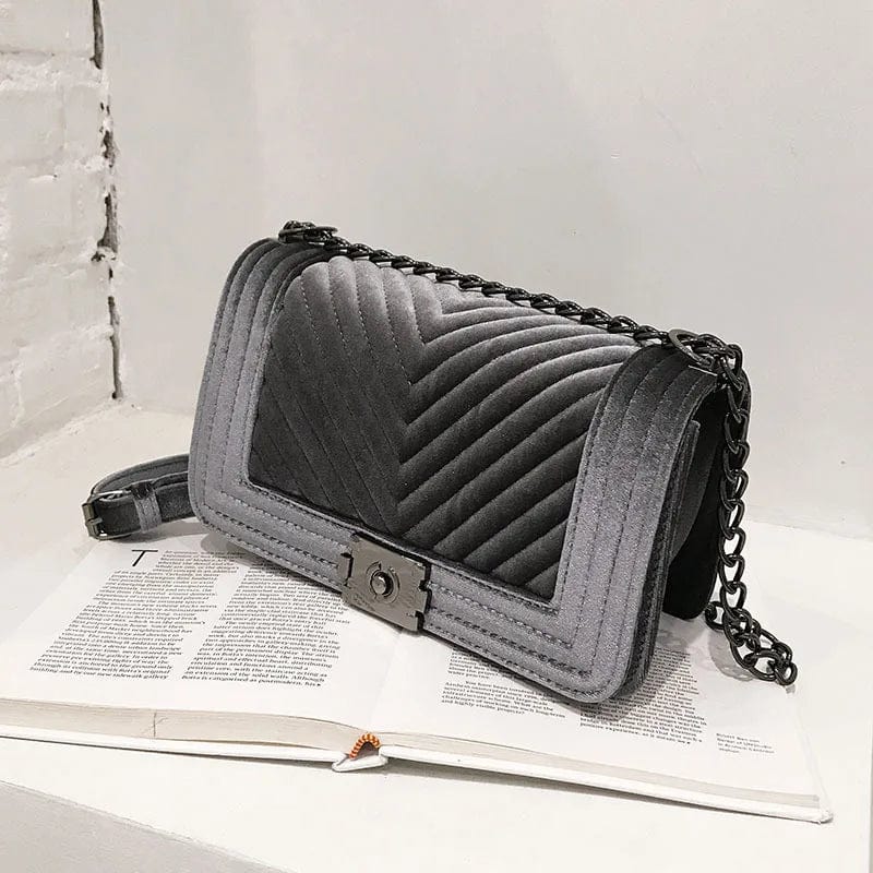 V--Gray BM9123 New Arrivals Winter Purse Female Ladies Designer Purse Chain Handbags For Women Hand Bags Fall Purses Velvet Handbag