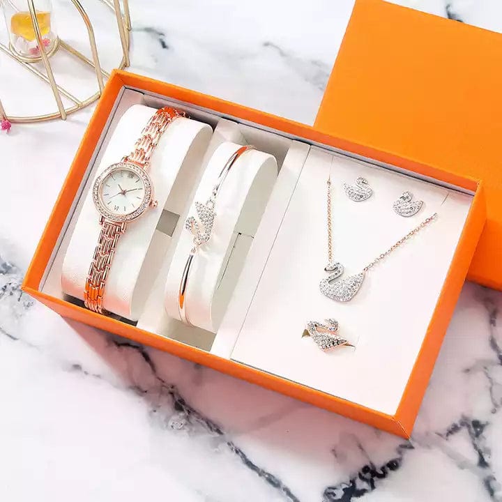 Watch / Orange Ladies Bling Watch And Bracelet Necklace Set Woman Gift Iced Out Watch Set Rhinestone Bracelet Women Wrist Watch