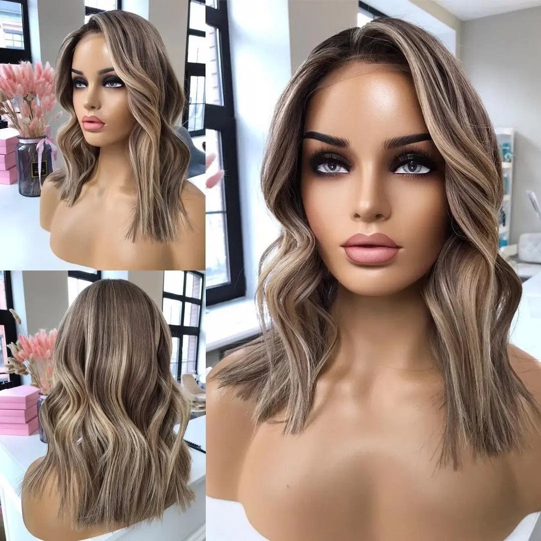 Wavy Bob Wigs Ash Honey Blonde Highlights Human Virgin Hair 13*4 Lace Front Wigs for Black Women