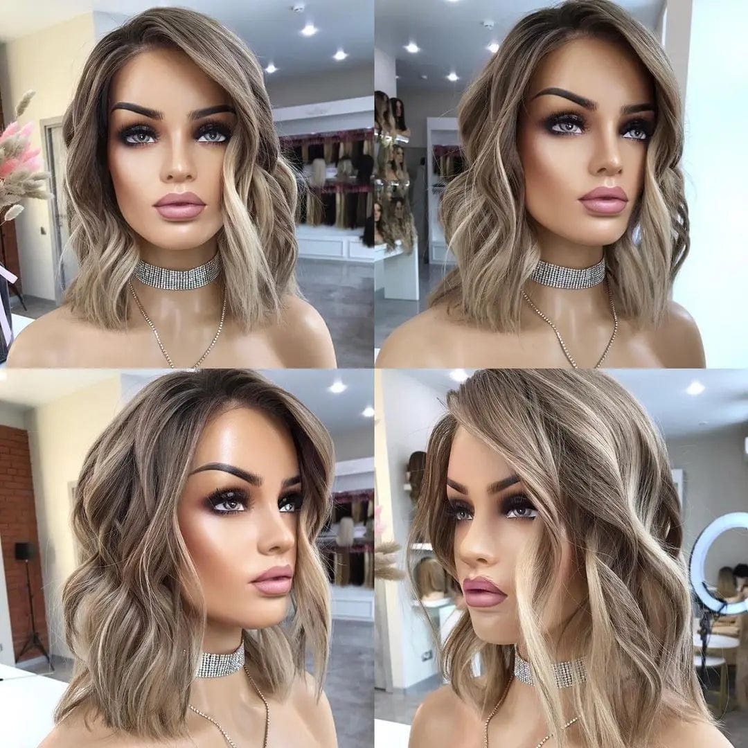 Wavy Bob Wigs Ash Honey Blonde Highlights Human Virgin Hair 13*4 Lace Front Wigs for Black Women