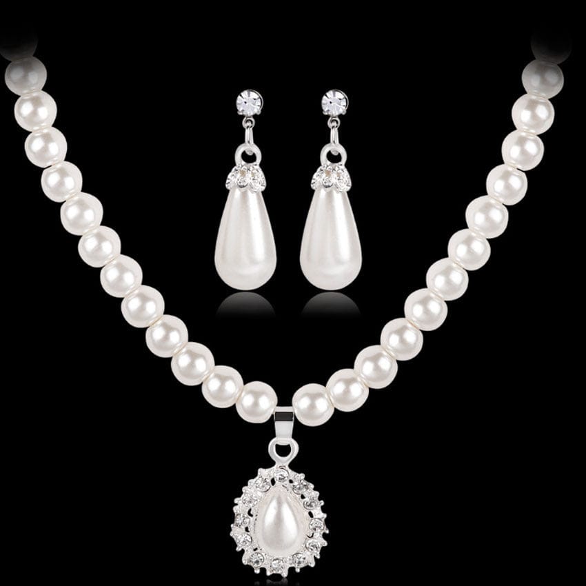 White New style pearl earrings necklace two-piece set water drop diamond bridal set ornament for women