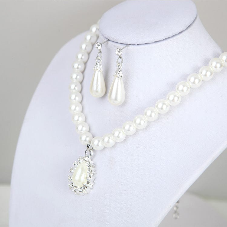 White New style pearl earrings necklace two-piece set water drop diamond bridal set ornament for women