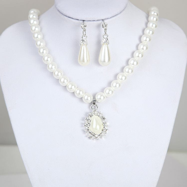 White New style pearl earrings necklace two-piece set water drop diamond bridal set ornament for women