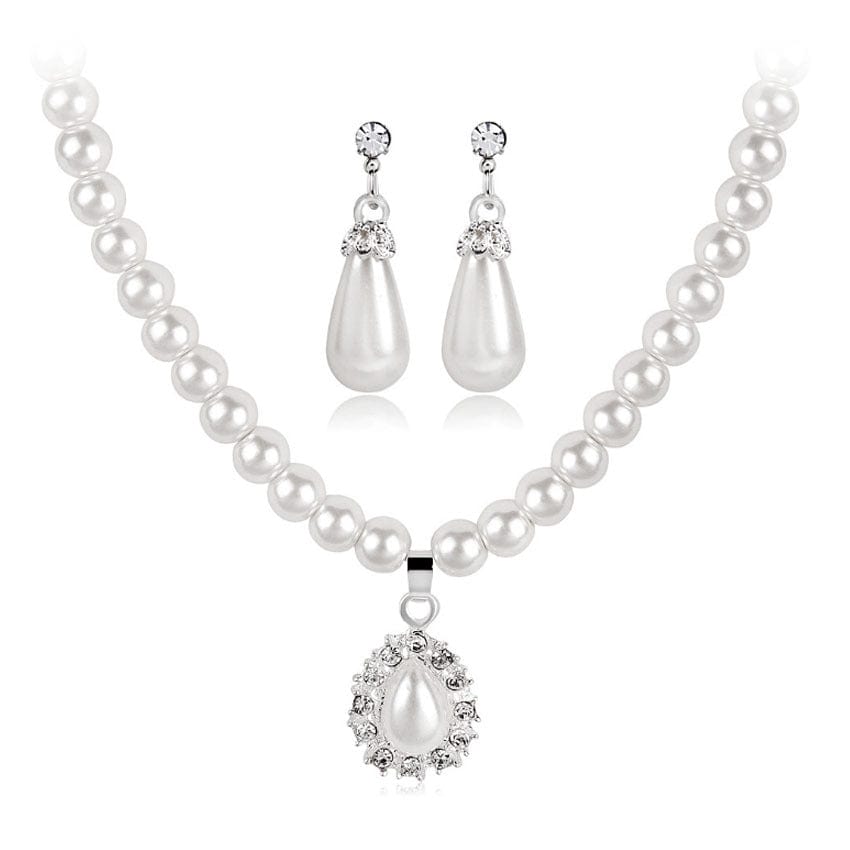 White New style pearl earrings necklace two-piece set water drop diamond bridal set ornament for women