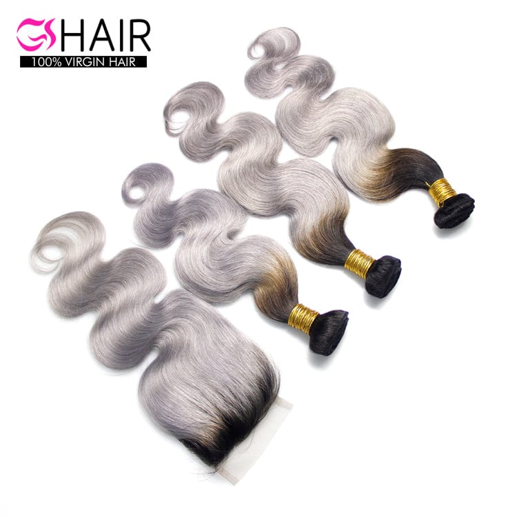 wholesale 100% human hair grey extension weave bundle with closure , ombre gray human hair Swiss lace front wigs