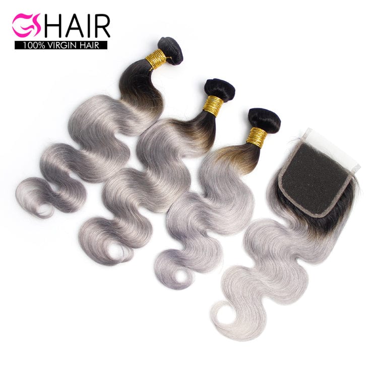 wholesale 100% human hair grey extension weave bundle with closure , ombre gray human hair Swiss lace front wigs