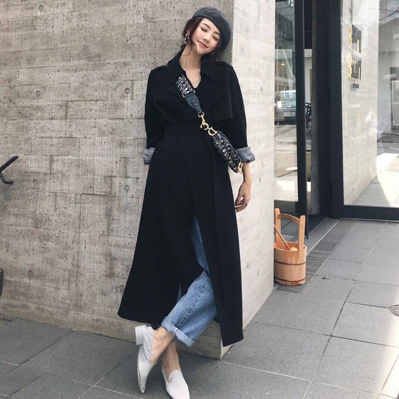 Wholesale Autumn Winter Luxury Popular Long Sleeve Black Windbreaker Long Trench Coat For Women