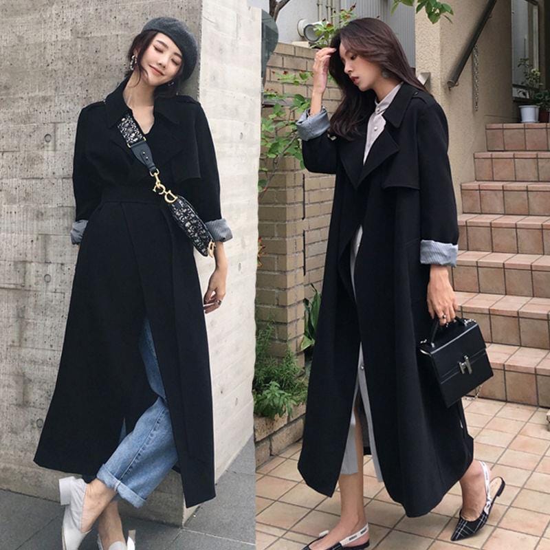 Wholesale Autumn Winter Luxury Popular Long Sleeve Black Windbreaker Long Trench Coat For Women