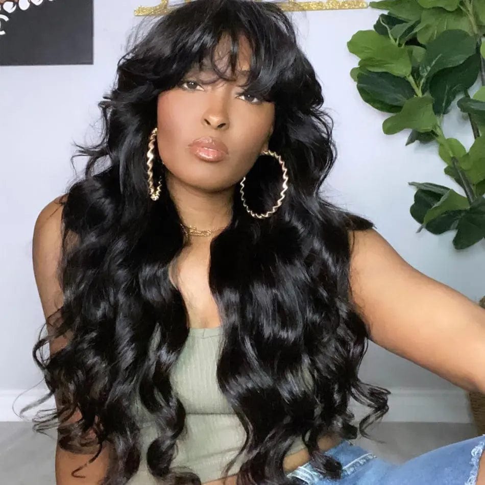 Wholesale Brazilian Human Hair Bangs Wig Body Wavy Full Machine Made Human Hair Wig With Bangs Remy Human Hair For Black Women