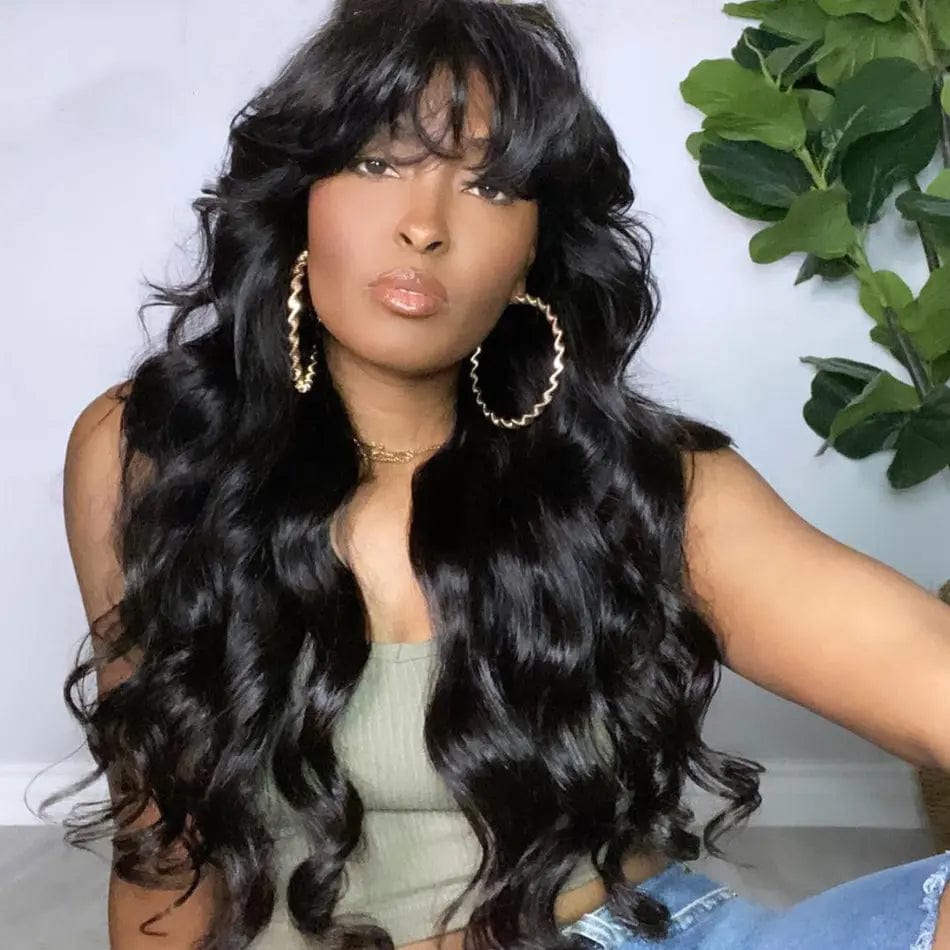 Wholesale Brazilian Human Hair Bangs Wig Body Wavy Full Machine Made Human Hair Wig With Bangs Remy Human Hair For Black Women